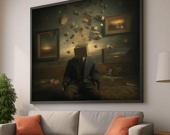 Surreal Exploding Head Canvas, Abstract Conceptual Art, Figurative Wall Decor, Modern Home Decoration, Unique Canvas Wall Art
