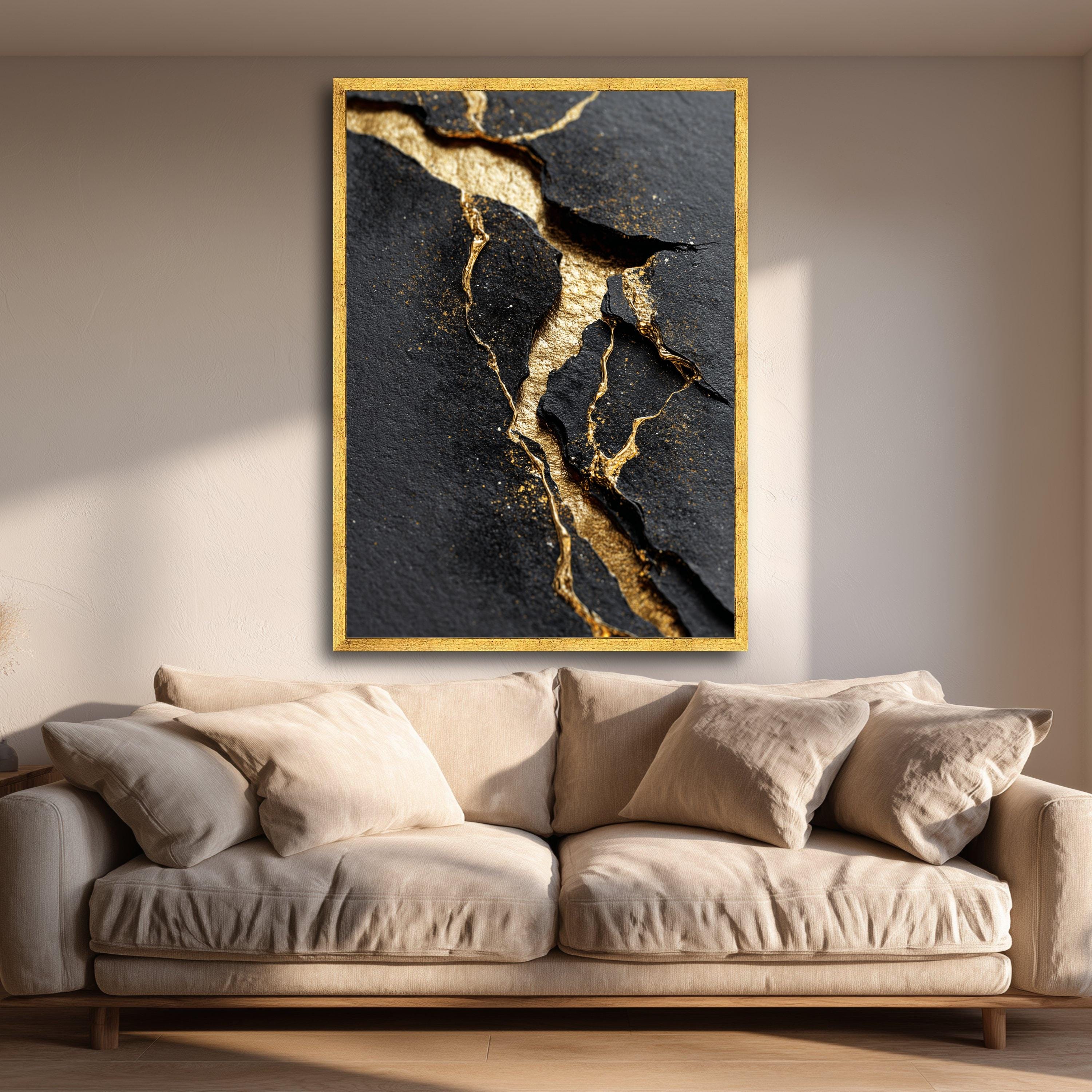 Elegant Black and Gold Abstract Canvas, Cracked Texture Wall Art ...