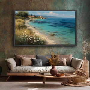 Fridfull kustlandskap canvas, Medelhavskust väggkonst, tropisk strandmålning, blommig strandlinje canvasdekor, havsutsikt bild 3