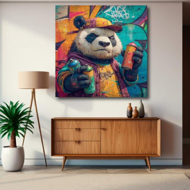 Urban Graffiti Panda, Street Art Canvas, Cool Animal Wall Art, Colorful ...