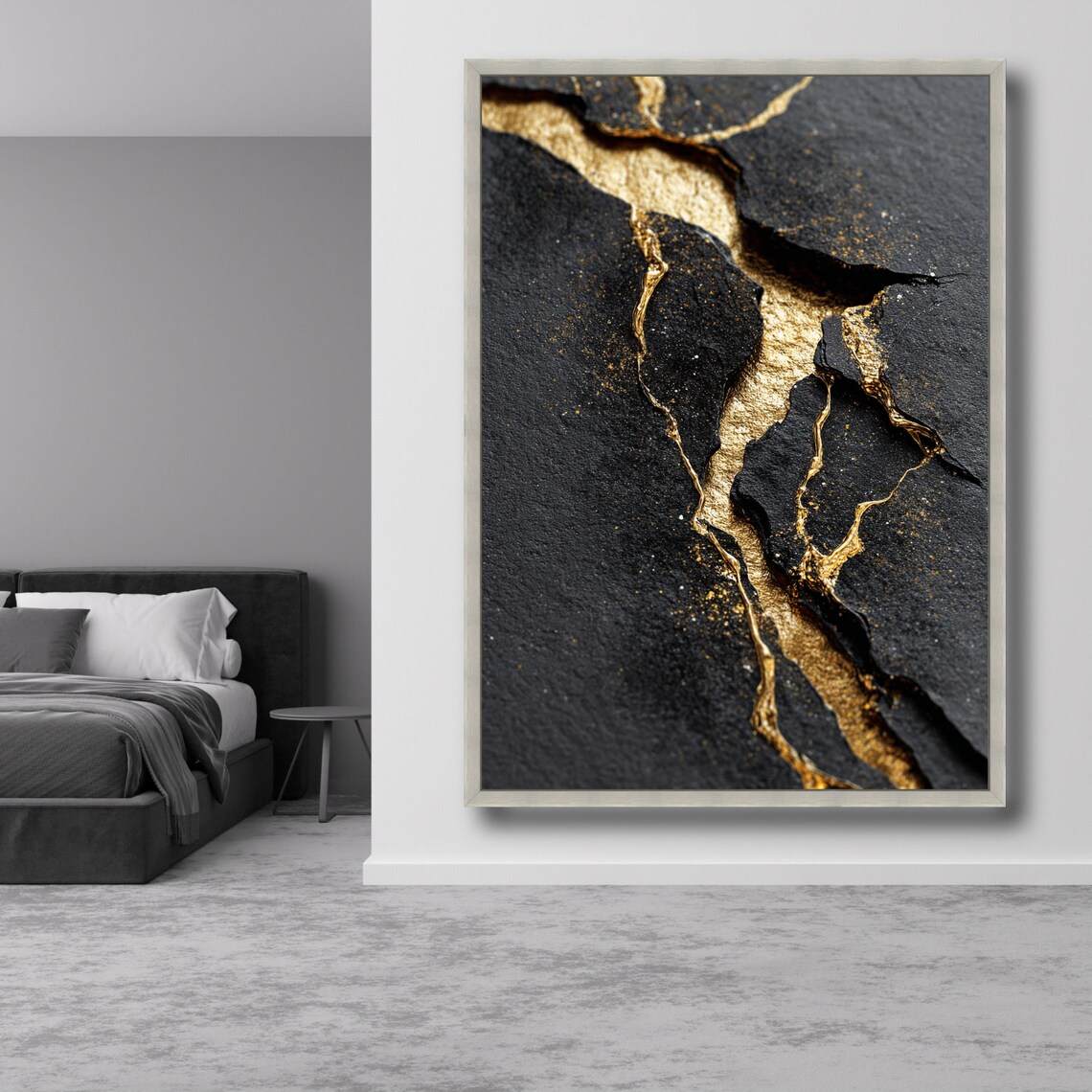 Elegant Black and Gold Abstract Canvas, Cracked Texture Wall Art ...