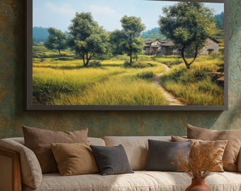 Serene Countryside Path Canvas, Rustic Village Wall Art, Green Trees Landscape, Nature Field Canvas, Tranquil Rural Scene, Ready to Hang