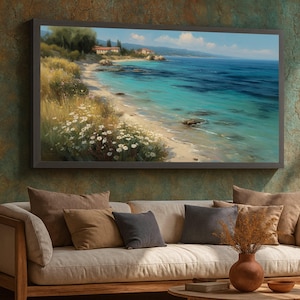Fridfull kustlandskap canvas, Medelhavskust väggkonst, tropisk strandmålning, blommig strandlinje canvasdekor, havsutsikt bild 1