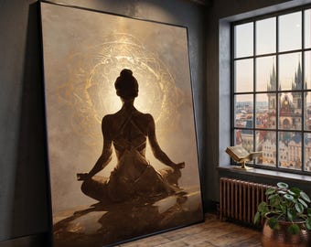 Meditative Woman Silhouette Canvas, Spiritual Yoga Wall Art, Mandala Glow Design, Relaxation Decor, Zen Home Decoration, Mindfulness Artwork
