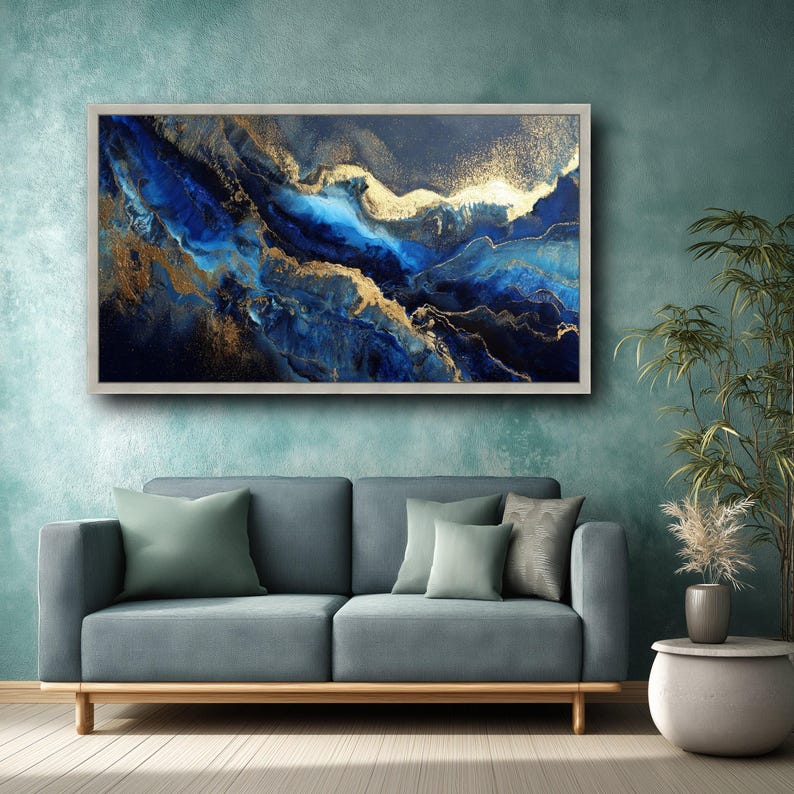 Abstract Blue and Gold Canvas, Modern Fluid Art Wall Decor, Luxury ...