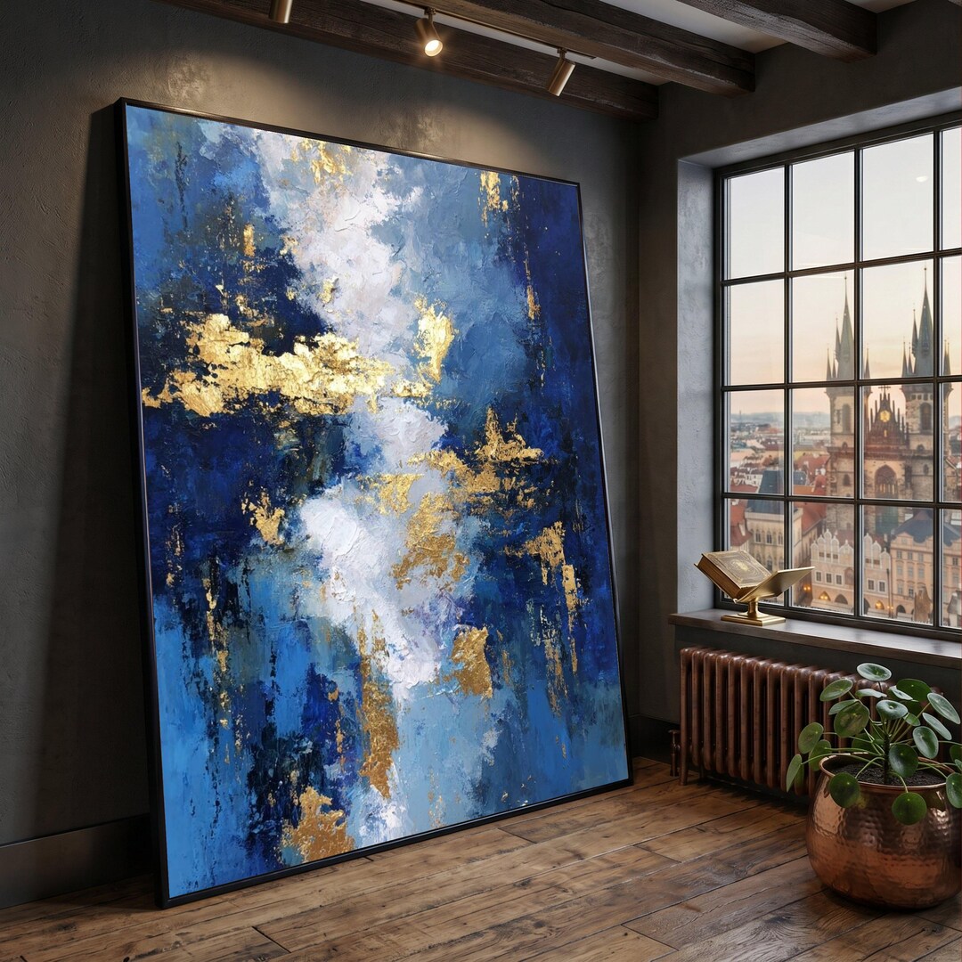 Abstract Blue and Gold Texture Canvas, Modern Wall Art, Luxury Metallic ...