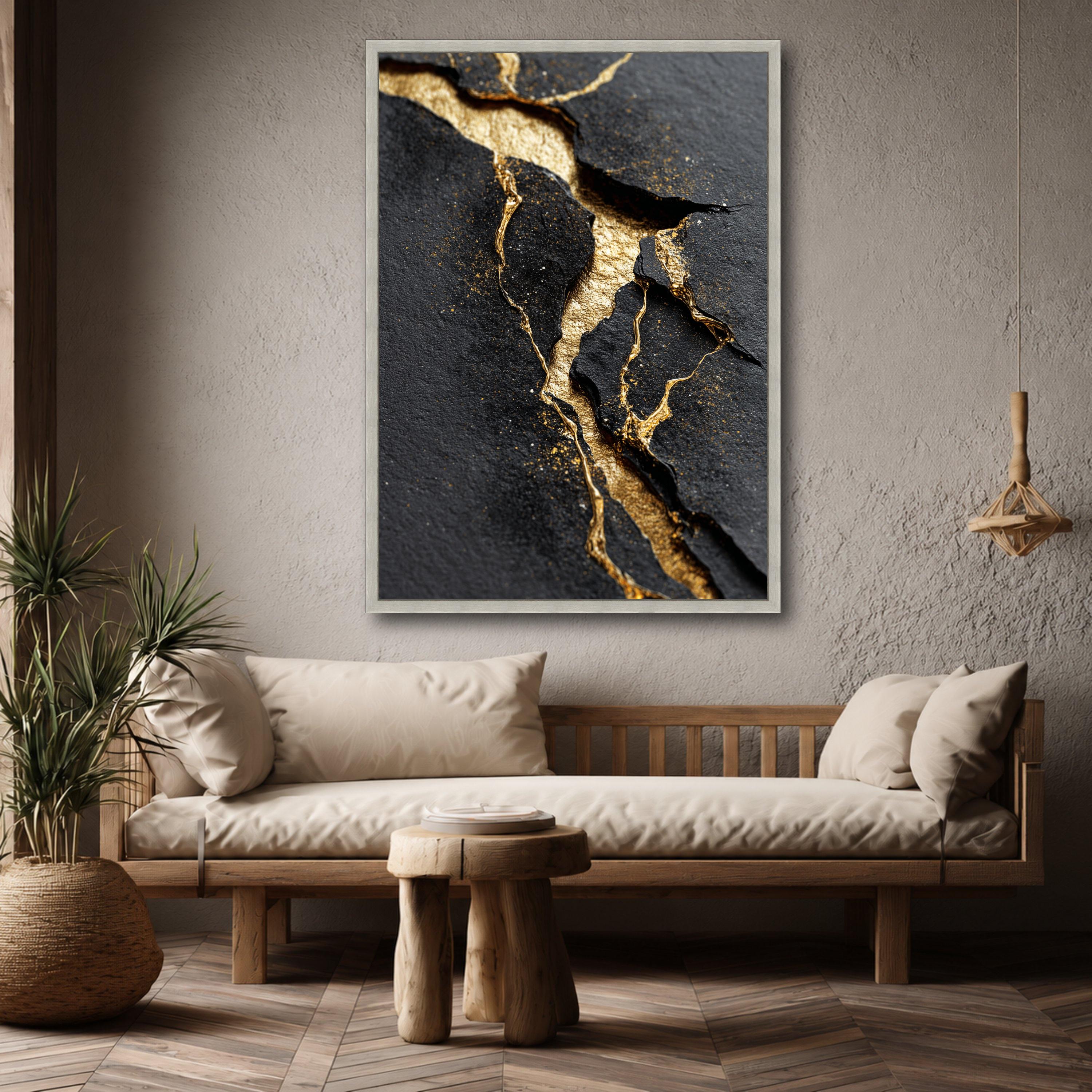 Elegant Black and Gold Abstract Canvas, Cracked Texture Wall Art ...