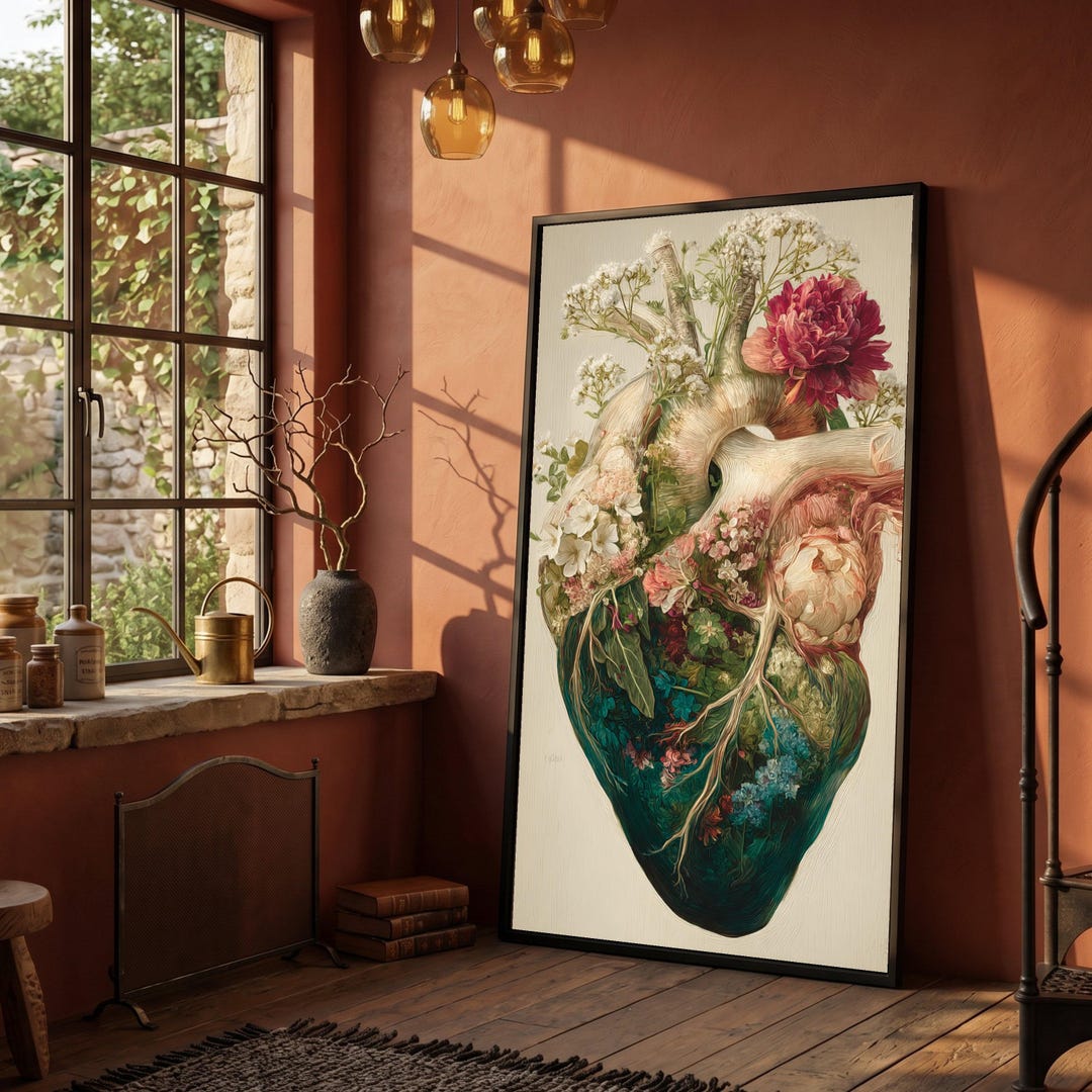 Botanical Heart Canvas Wall Art, Floral Anatomy Print, Nature Canvas ...