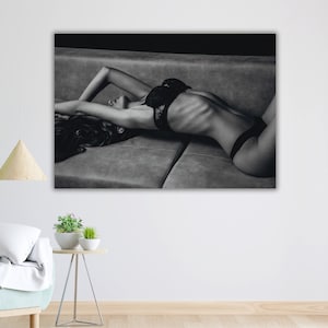 Girl on Bed Art Canvas, Ready to Hang, Bedroom Wall Decor, Framed Canvas Print