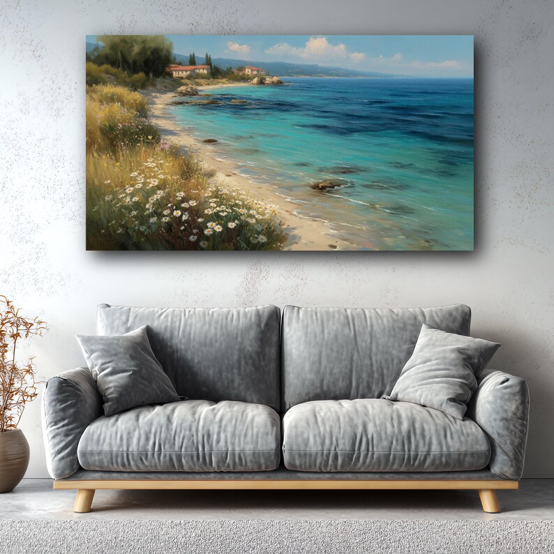 Fridfull kustlandskap canvas, Medelhavskust väggkonst, tropisk strandmålning, blommig strandlinje canvasdekor, havsutsikt bild 4