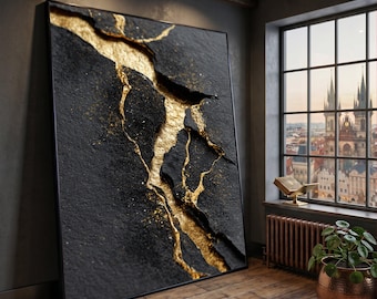 Elegant Black and Gold Abstract Canvas, Cracked Texture Wall Art, Modern Luxury Home Decor, Glamorous Accent Painting, Ready to Hang