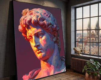 Vibrant Classical Statue Canvas, Colorful David Head Wall Art, Renaissance Sculpture Print, Modern Artistic Home Decor, Gallery Style Canvas