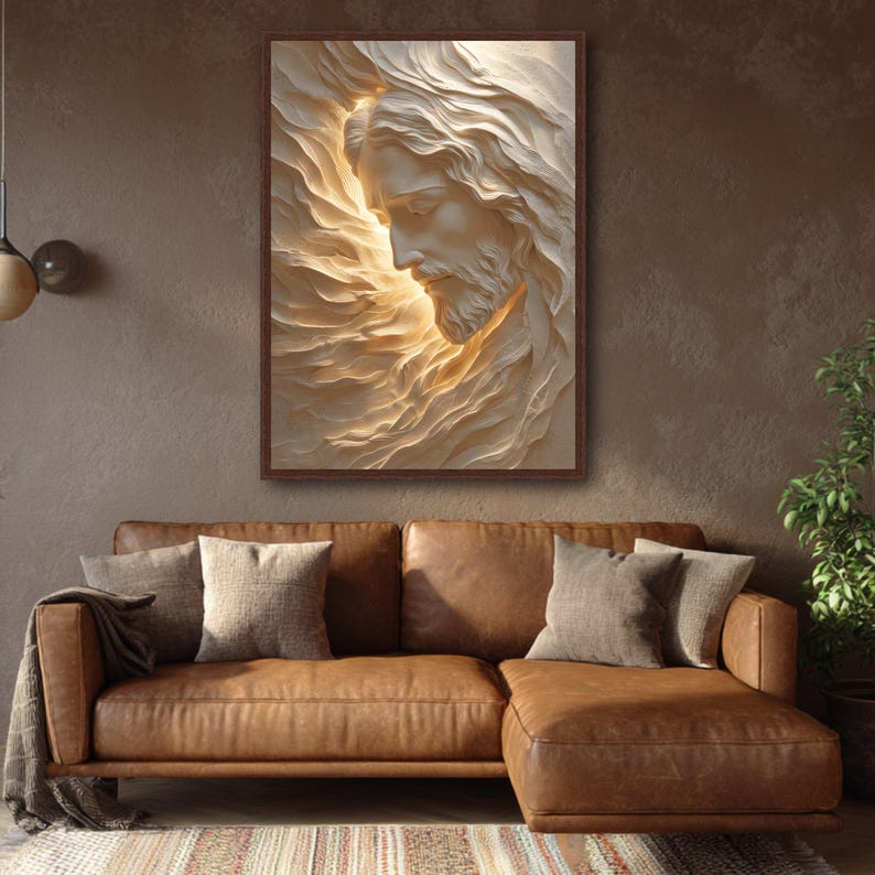 Radiant Jesus Portrait Canvas, Spiritual Wall Art, Divine Light Sculpture, Inspirational Religious Home Decor, Sacred Christian Canvas image 8