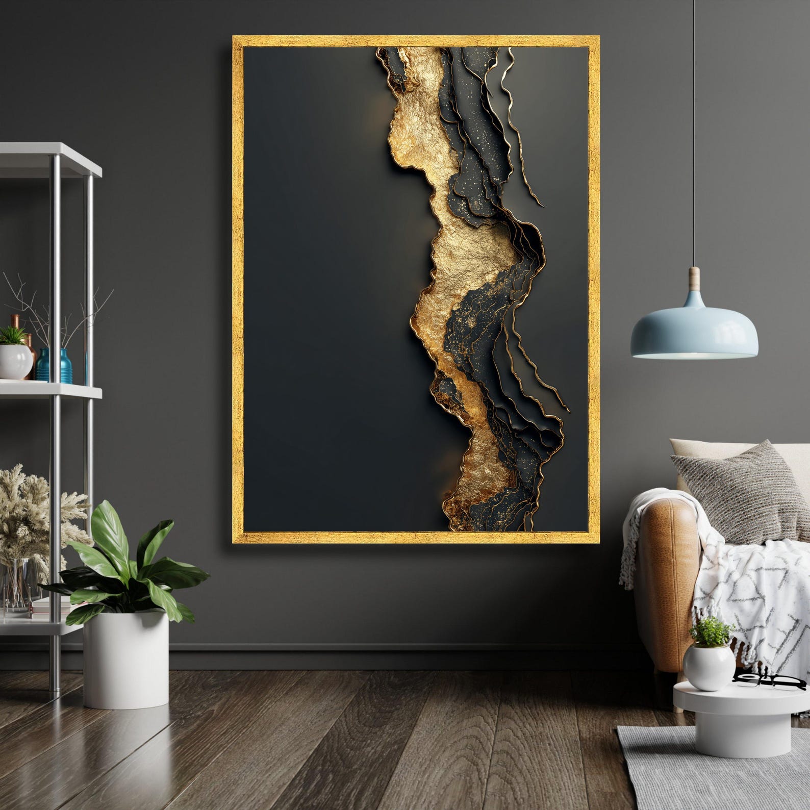 Elegant Black and Gold Abstract Canvas, Modern Geode Wall Art, Metallic ...