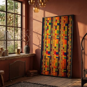 Lebendige Afrikanische Kente Stoffmuster Leinwand, Bunte Stammes Wandkunst, Ethnischer Textildruck, Geometrisches Design, Kulturelle Wohnkultur