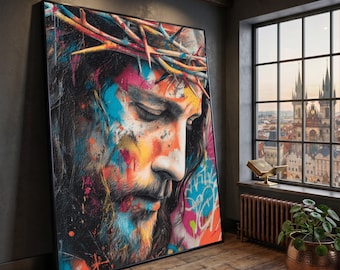 Vibrant Jesus Portrait Canvas, Crown of Thorns Wall Art, Colorful Religious Canvas, Urban Graffiti Style Decoration, Spiritual Home Artwork