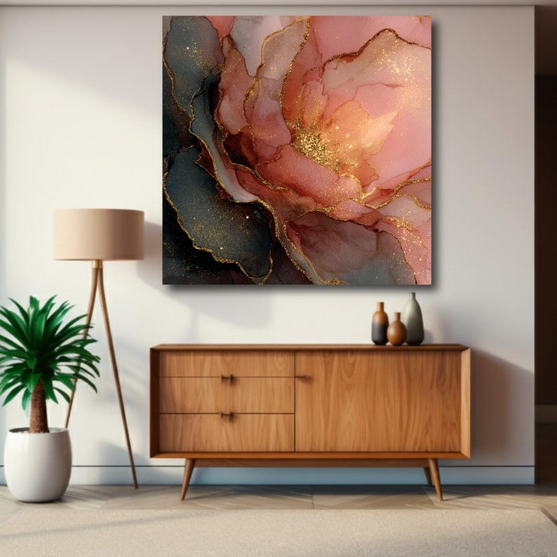 Elegant Blush Pink and Black Floral Abstract Canvas, Gold Glitter ...