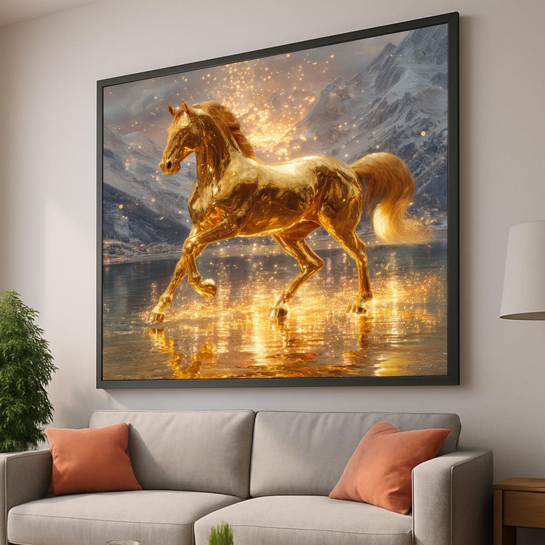 Golden Horse Canvas Art, Shimmering Metallic Stallion, Fantasy Animal ...