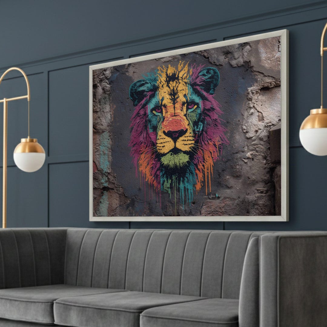 Vibrant Colorful Lion Face Canvas, Urban Graffiti Wall Art, Bold Animal ...