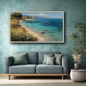 Fridfull kustlandskap canvas, Medelhavskust väggkonst, tropisk strandmålning, blommig strandlinje canvasdekor, havsutsikt bild 5
