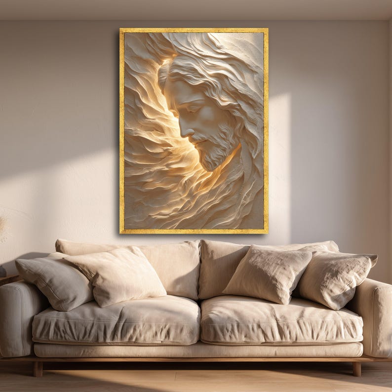Radiant Jesus Portrait Canvas, Spiritual Wall Art, Divine Light Sculpture, Inspirational Religious Home Decor, Sacred Christian Canvas image 5