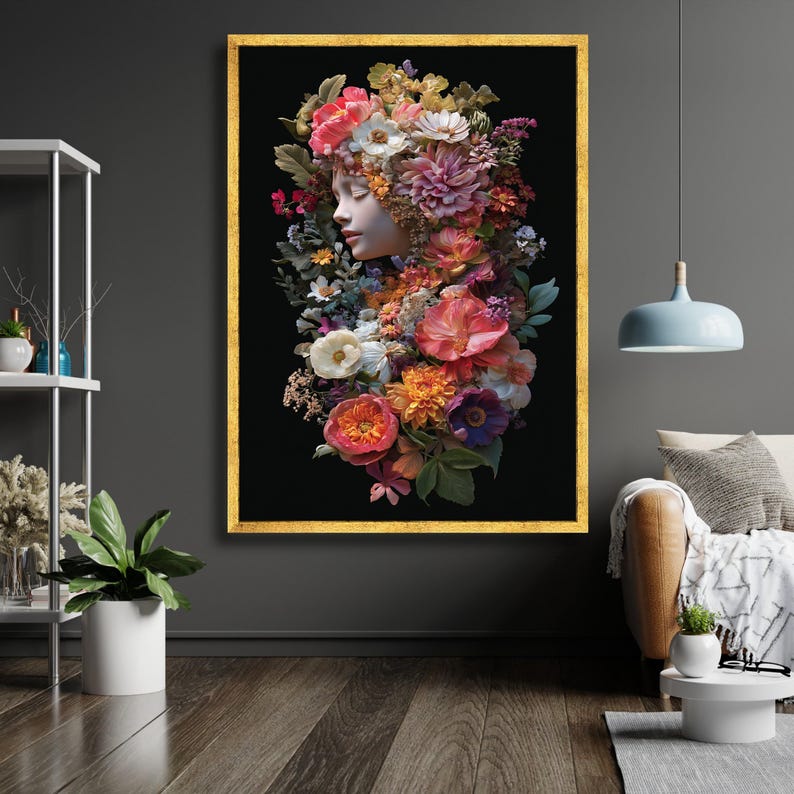 Floral Portrait Canvas Wall Art, Woman Face With Colorful Flowers ...