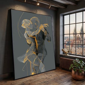 May include: Large framed artwork featuring a couple dancing the tango. The dancers are depicted in a minimalist style with gold and white lines on a gray background. The artwork is displayed in a room with a large window overlooking a city.