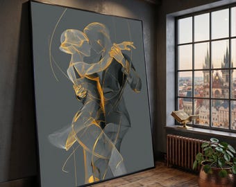 Abstract Tango Dance Couple Canvas, Modern Line Art Wall Decor, Romantic Dance Silhouette, Elegant Home Decoration, Ready to Hang