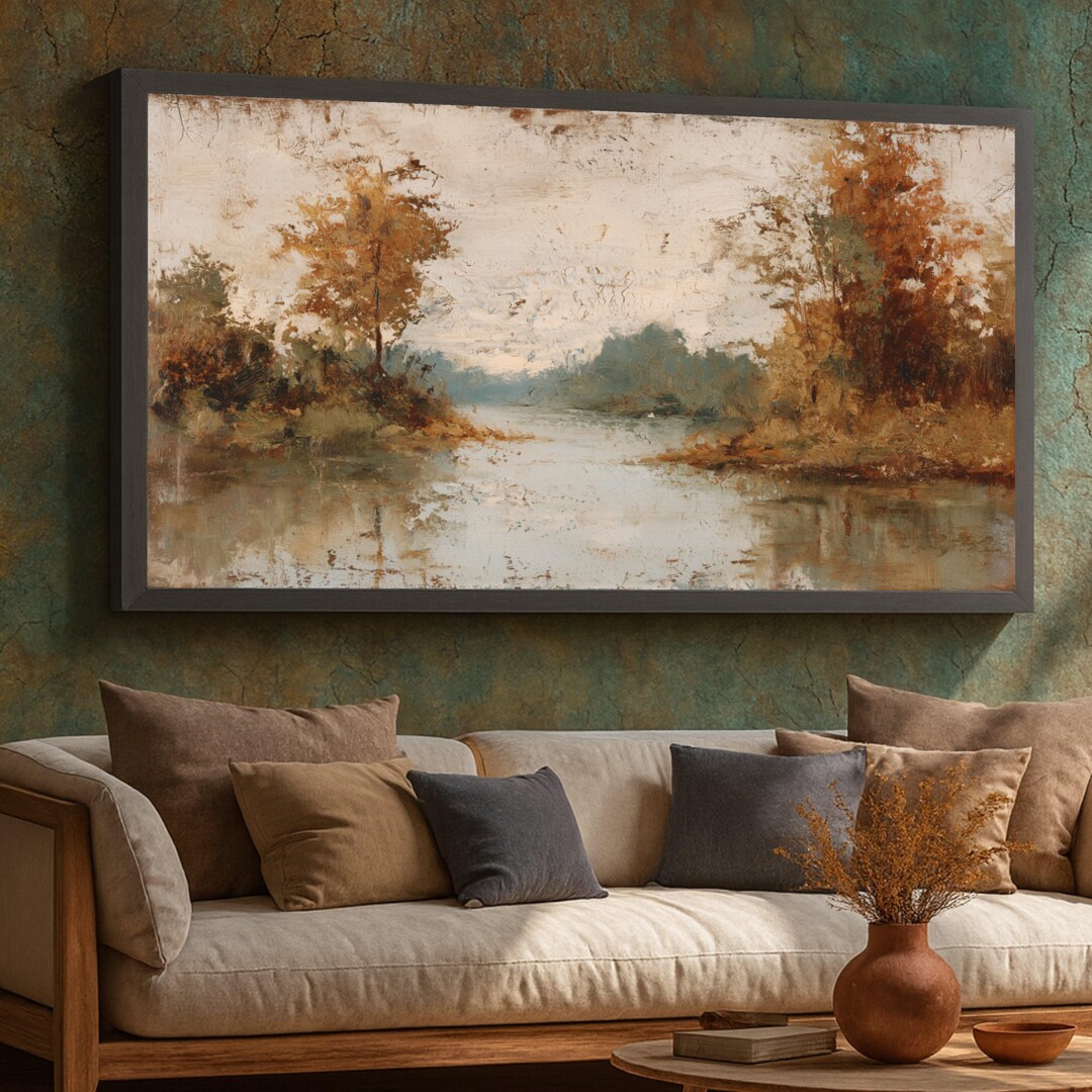 Autumn River Landscape Canvas, Rustic Fall Trees Wall Art, Nature Scene ...