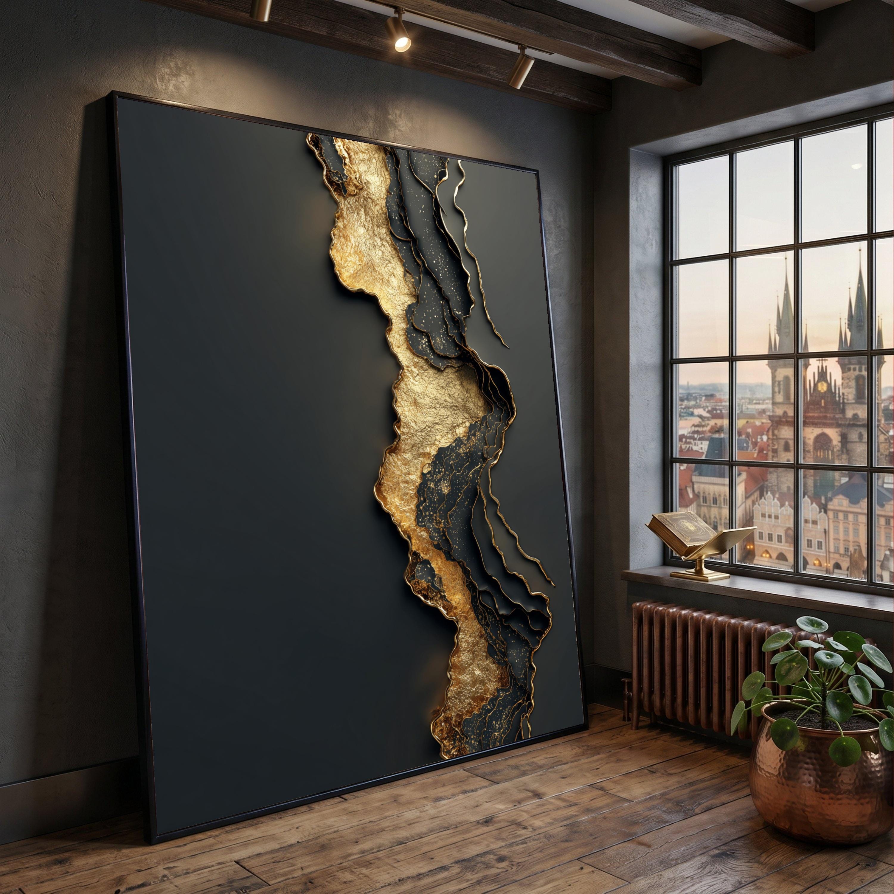 Elegant Black and Gold Abstract Canvas, Modern Geode Wall Art, Metallic ...