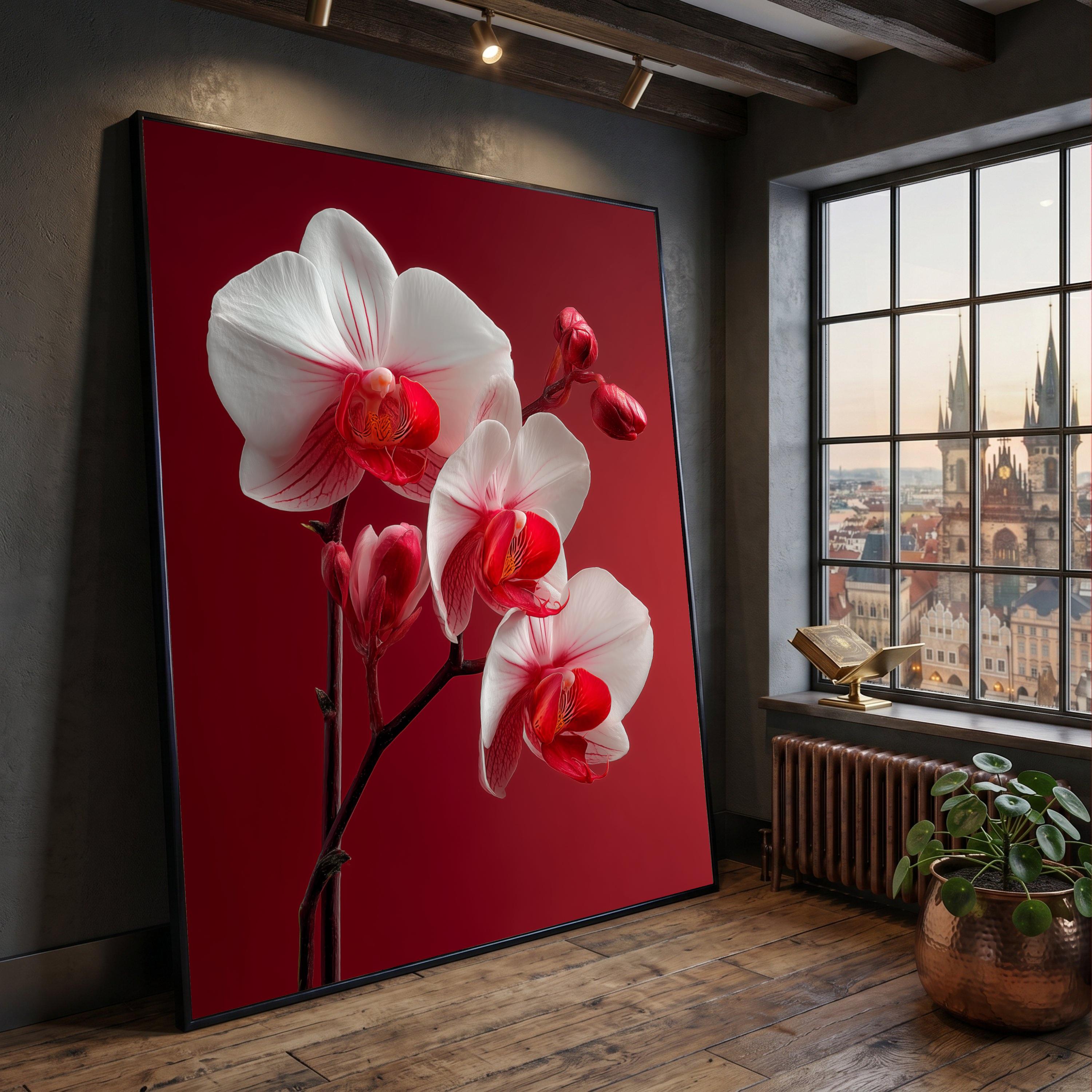 Orchid GALLERY MADE IN KOREA 絵画　アート　壁掛け Elegant White and Red Orchid Canvas Wall Art, Floral Botanical