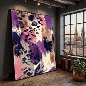Abstract Leopard Print Canvas, Animal Pattern Wall Art, Modern Brush Stroke Design, Purple and Brown Canvas Decoration
