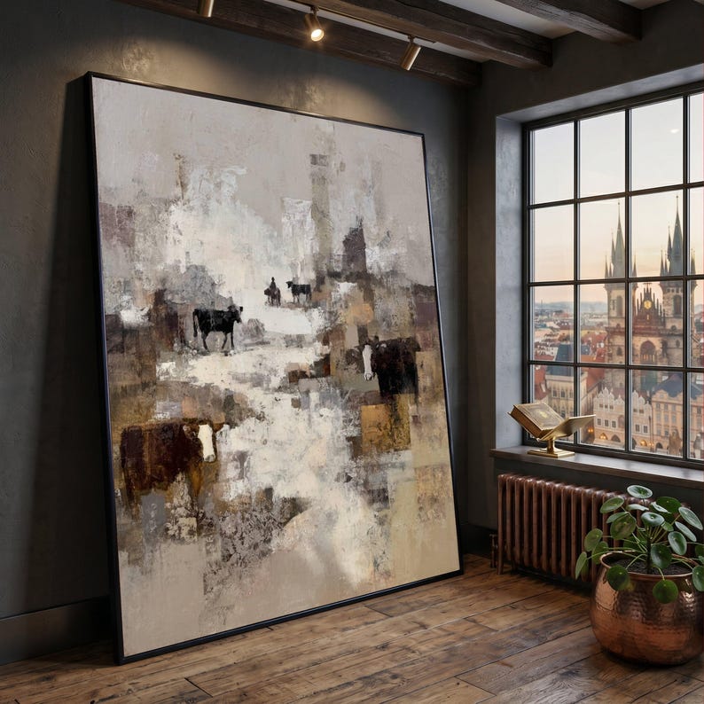 Rustic Cattle Herd Canvas, Abstract Farm Scene, Country Life Wall Art ...