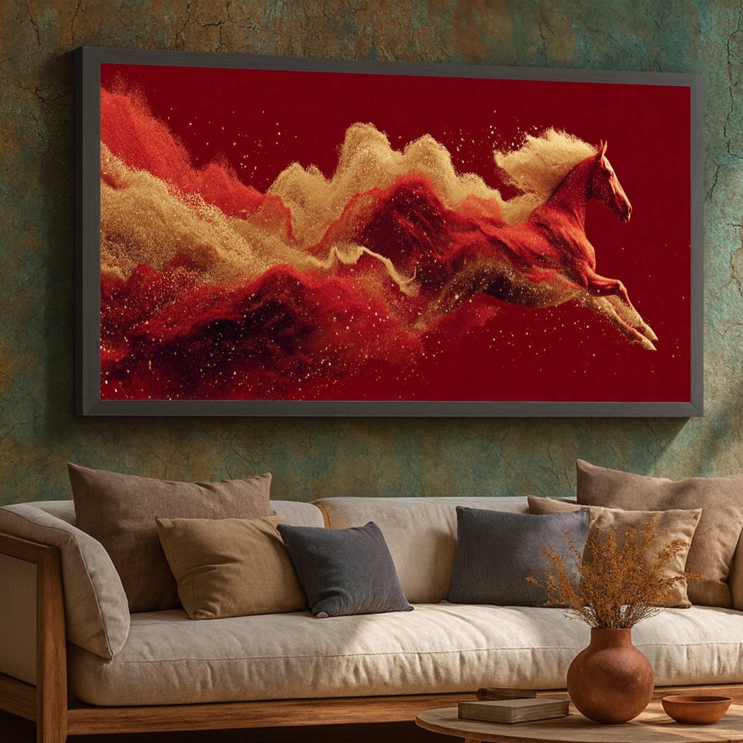 Majestic Red Horse Canvas Wall Art, Abstract Galloping Horse Painting ...