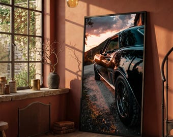 Klassisches Muskelauto Spiegelung, Sunset Road Leinwand Wandkunst, Vintage Automobile Dekor, Retro Auto Fotografie, Hauptdekoration Leinwand