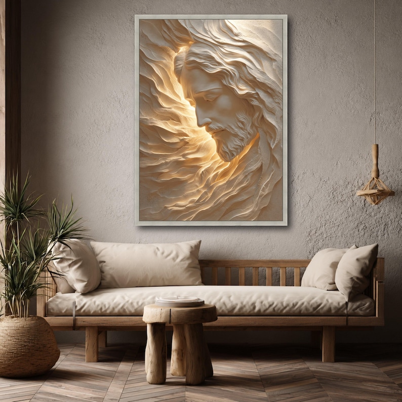 Radiant Jesus Portrait Canvas, Spiritual Wall Art, Divine Light Sculpture, Inspirational Religious Home Decor, Sacred Christian Canvas image 2