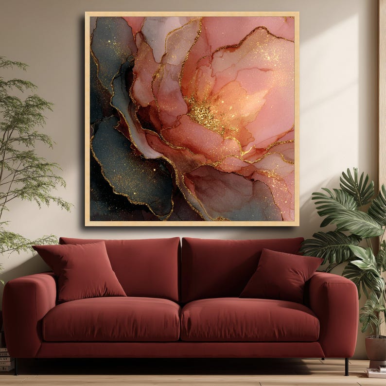 Elegant Blush Pink and Black Floral Abstract Canvas, Gold Glitter ...