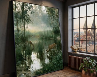 Lugn skogsbäck med hjortcanvas, väggkonst med natur och djurliv, fridfullt skogslandskap, rustik heminredning, redo att hängas upp