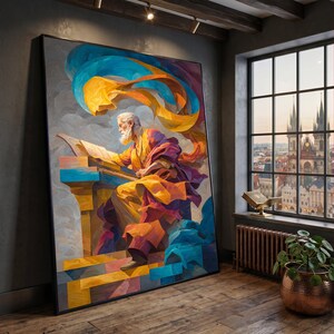 Op de afbeelding: Groot ingelijst kunstwerk dat een oudere figuur met een lange witte baard toont, die aan het schrijven is. Het kunstwerk heeft levendige kleuren, waaronder geel, oranje, blauw en paars. De figuur zit aan een bureau, met een vloeiende, kleurrijke achtergrond.