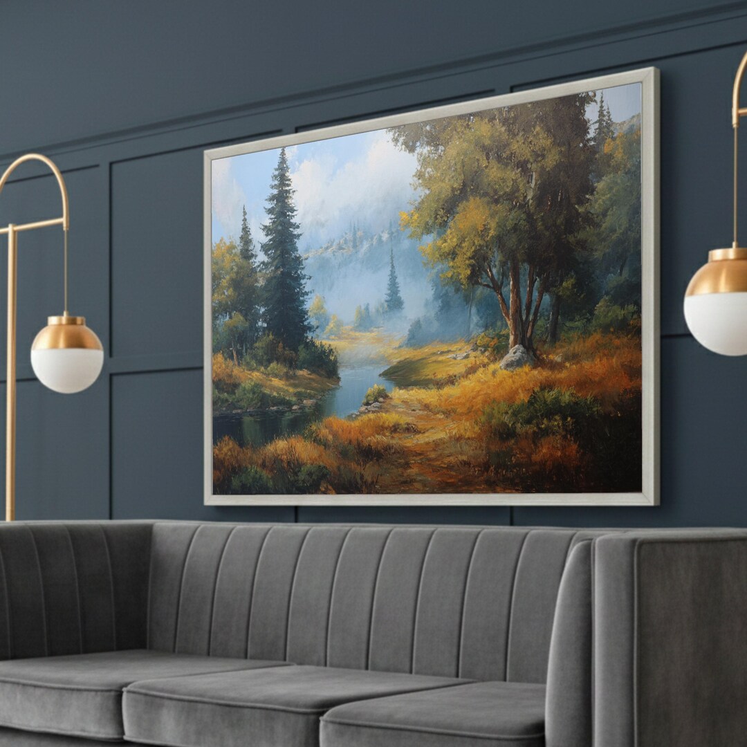 Misty Forest River Landscape Canvas, Autumn Nature Wall Art, Tranquil ...