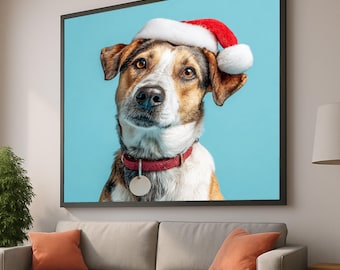 お祝いの犬の肖像画キャンバス、クリスマスペットの壁アート、ホリデーデコレーション、サンタハットの犬プリント、かわいい動物のキャンバス、季節のホームデコレーション