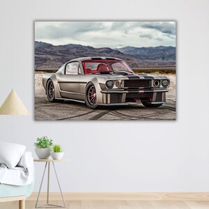 Ford Mustang 1965 Arte Lienzo Impresión, Listo para colgar, Decoración de pared de coche clásico, Lienzo enmarcado