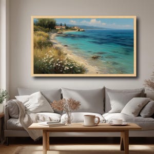Fridfull kustlandskap canvas, Medelhavskust väggkonst, tropisk strandmålning, blommig strandlinje canvasdekor, havsutsikt bild 7