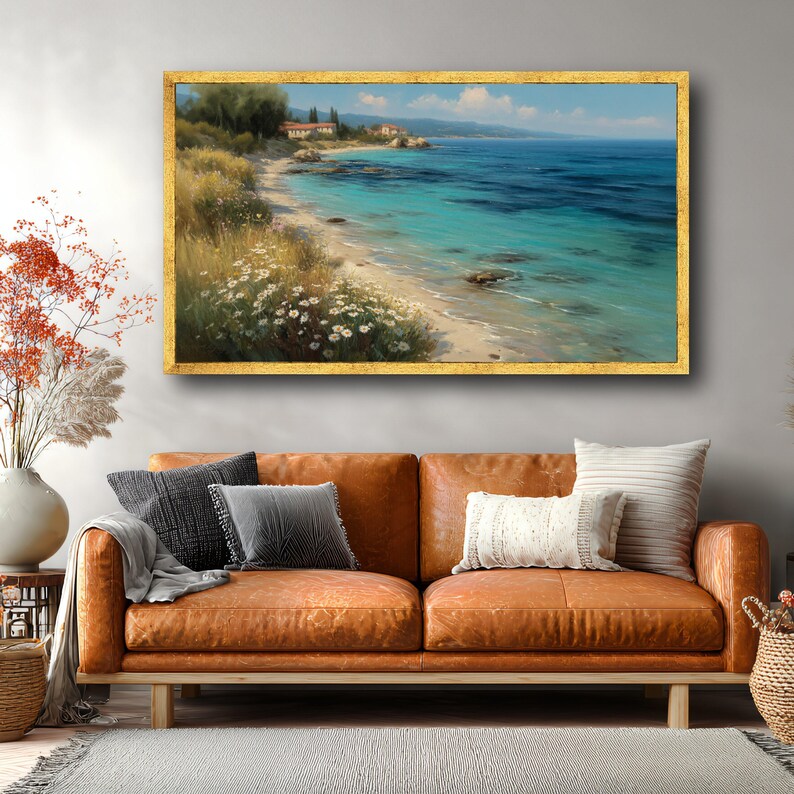 Fridfull kustlandskap canvas, Medelhavskust väggkonst, tropisk strandmålning, blommig strandlinje canvasdekor, havsutsikt bild 2