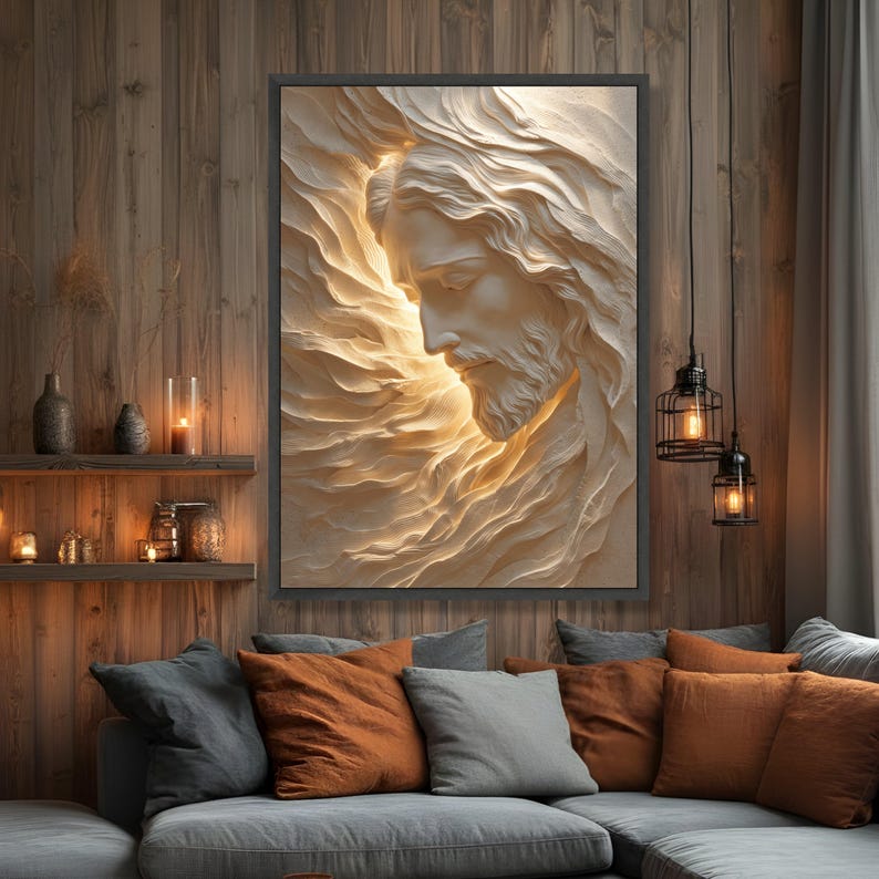Radiant Jesus Portrait Canvas, Spiritual Wall Art, Divine Light Sculpture, Inspirational Religious Home Decor, Sacred Christian Canvas image 4
