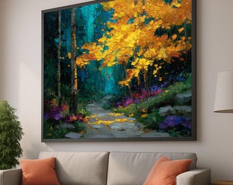 May include: A framed landscape painting depicts a forest scene with a path leading into the distance. The artwork features vibrant colors, with yellow and orange foliage contrasting against a dark green and blue background. Purple flowers line the path.