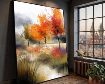 Bunte Herbst Bäume Leinwand Wandkunst, Lebendige Herbst Landschaft, Orange Rotes Laub, Natur Szene Dekoration, Saisonale Leinwand Malerei