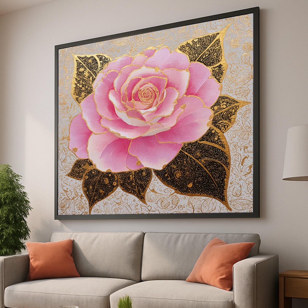 Elegant Pink Rose Canvas Wall Art, Gold Leaf Floral Painting, Vintage ...