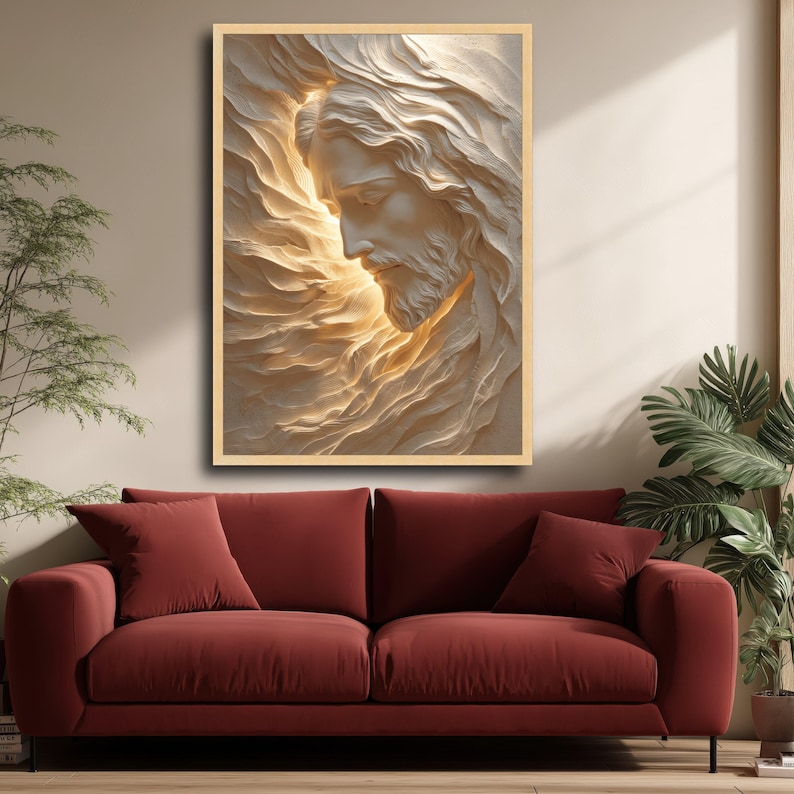 Radiant Jesus Portrait Canvas, Spiritual Wall Art, Divine Light Sculpture, Inspirational Religious Home Decor, Sacred Christian Canvas image 7