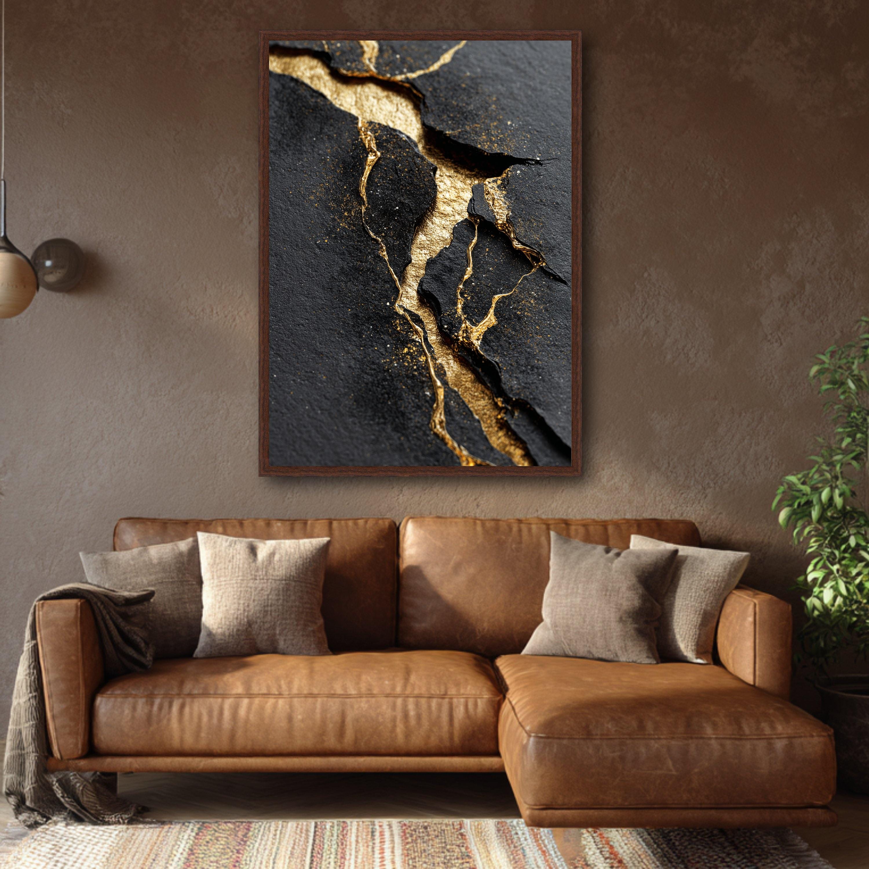 Elegant Black and Gold Abstract Canvas, Cracked Texture Wall Art ...